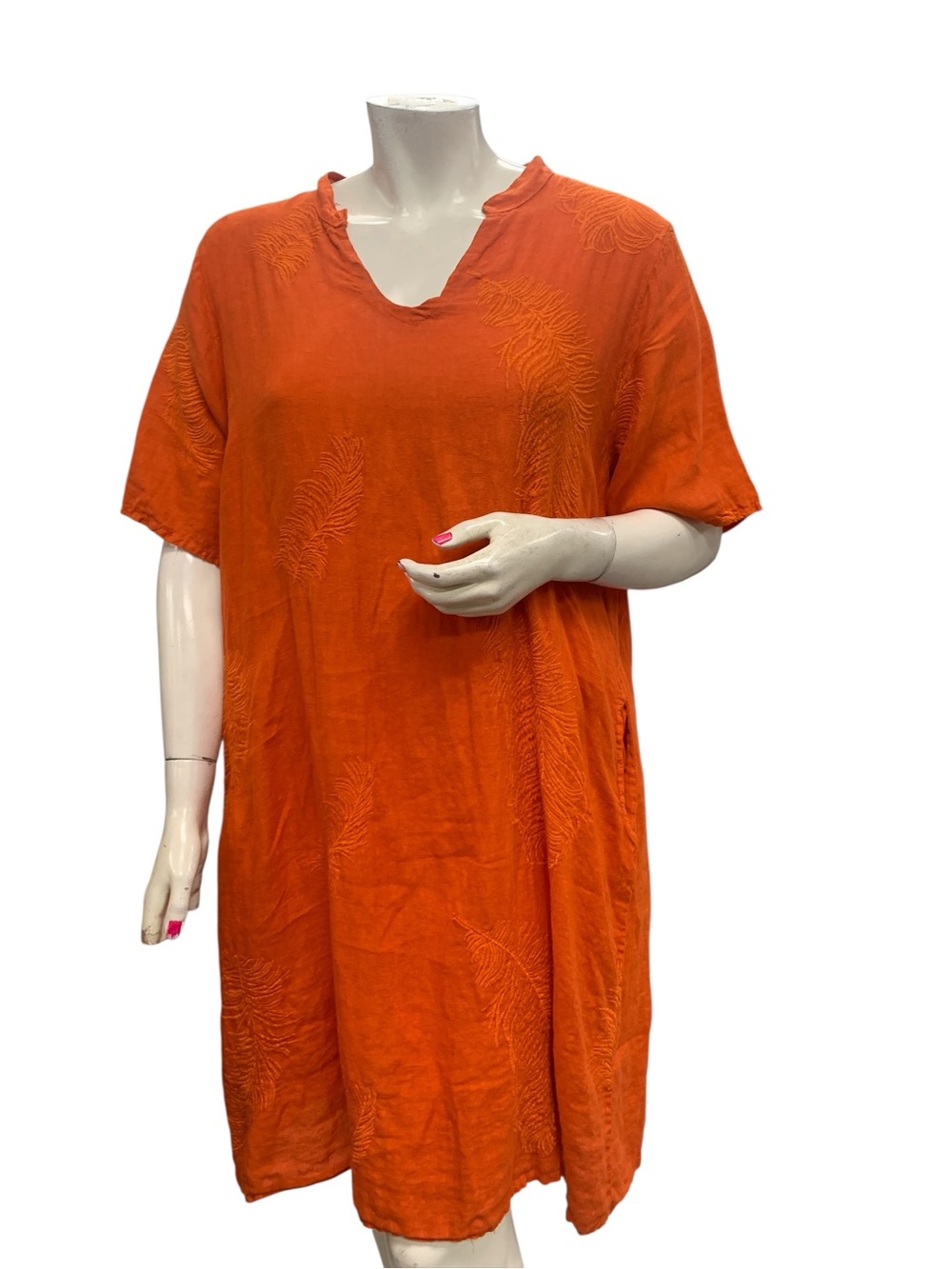 Linen Embroidered Orange V-Neck Shift Dress Size 2X